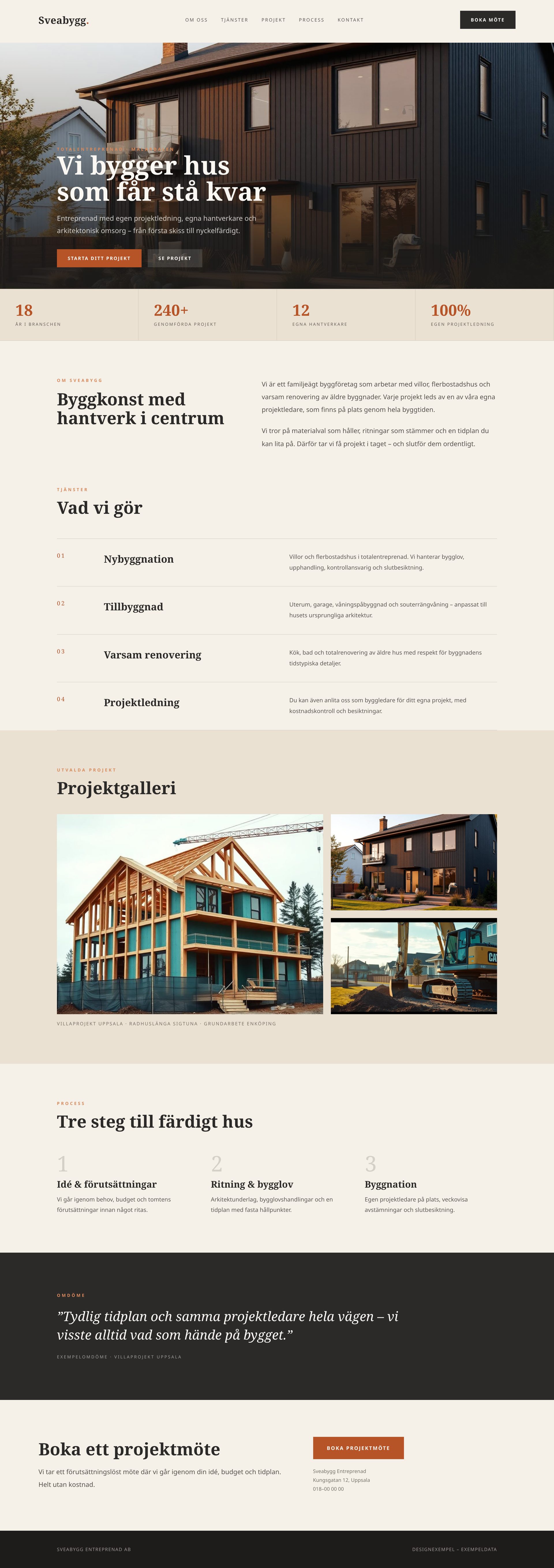 Designexempel: lång landningssida för byggfirman Sveabygg Entreprenad