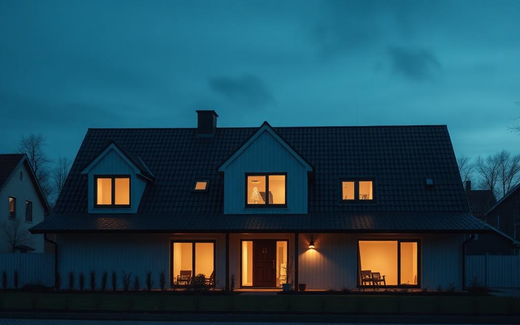 Villa med nylagt tak i skymningsljus